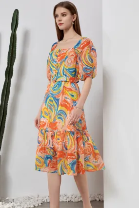 Anastasia Midi Linen Dress - Orange/Multi - GDS