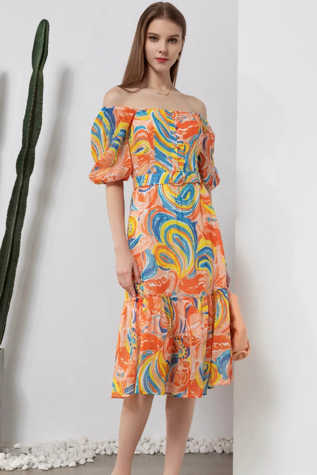 Anastasia Midi Linen Dress - Orange/Multi - GDS