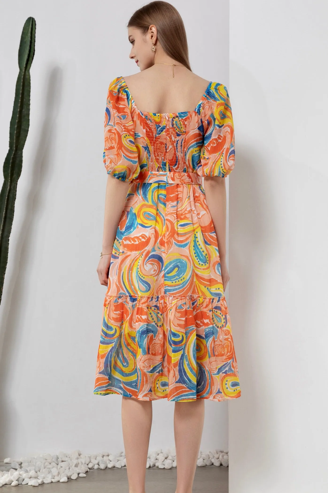 Anastasia Midi Linen Dress - Orange/Multi - GDS