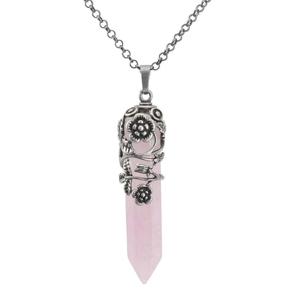 Antique Silver Flower Wrapped Natural Rose Quartz Healing Crystal Necklace