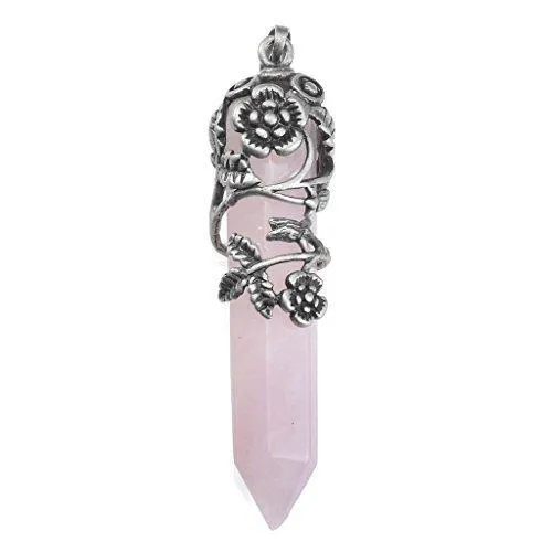 Antique Silver Flower Wrapped Natural Rose Quartz Healing Crystal Necklace