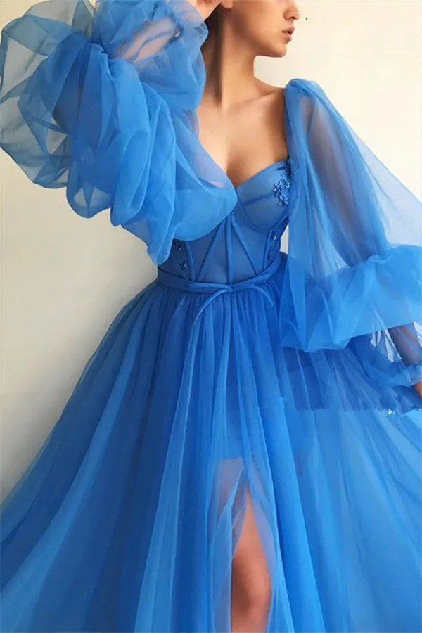 Awesome Long A-line Sweetheart Tulle Front Slit Prom Dress with Sleeves