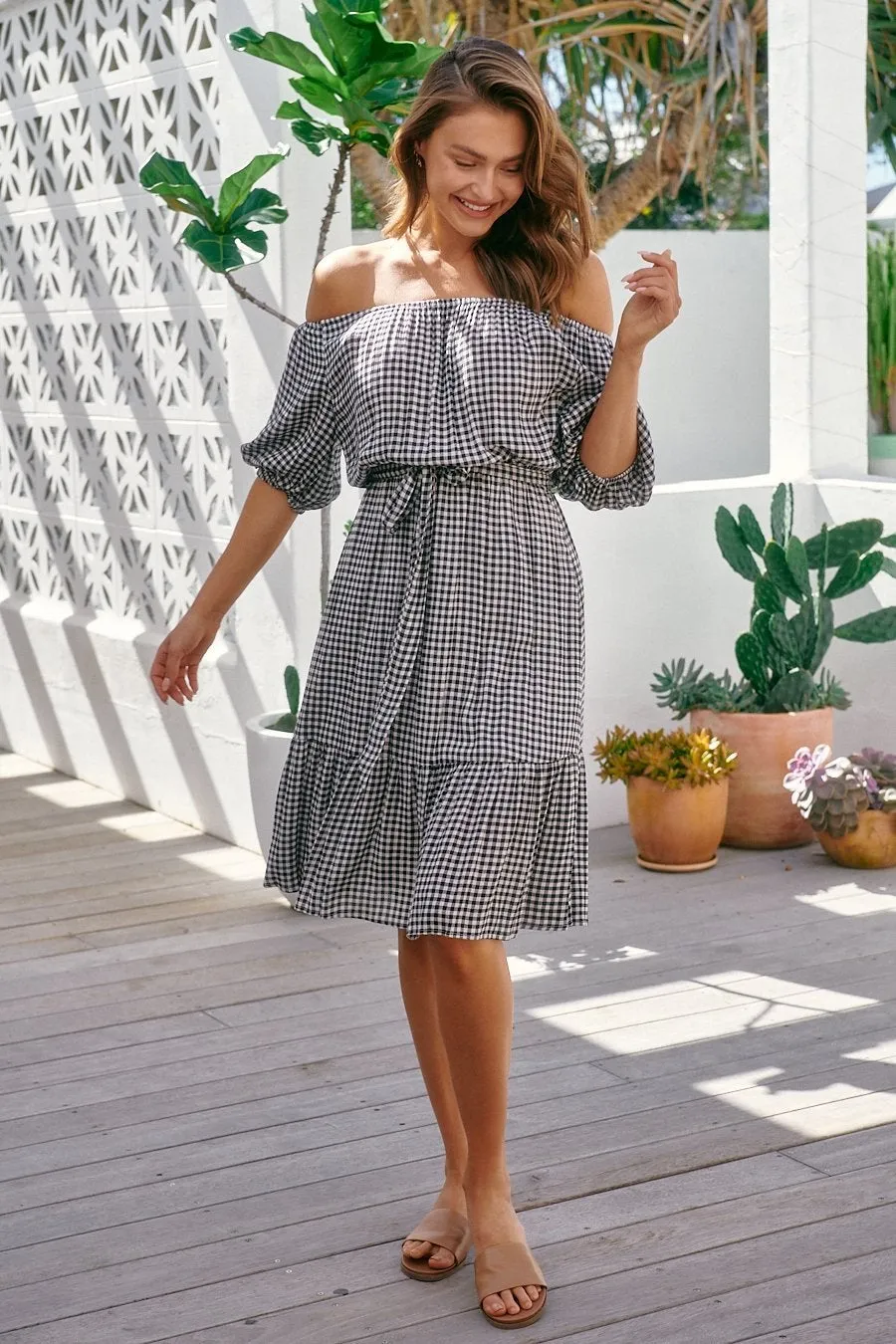 Bastille Black/White Gingham Off Shoulder Dress