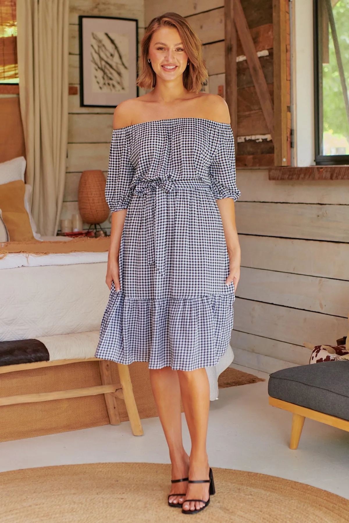 Bastille Black/White Gingham Off Shoulder Dress