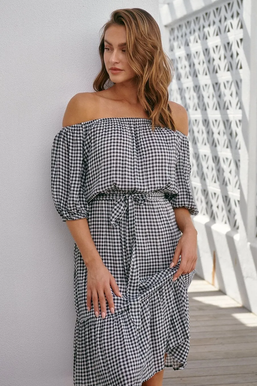 Bastille Black/White Gingham Off Shoulder Dress