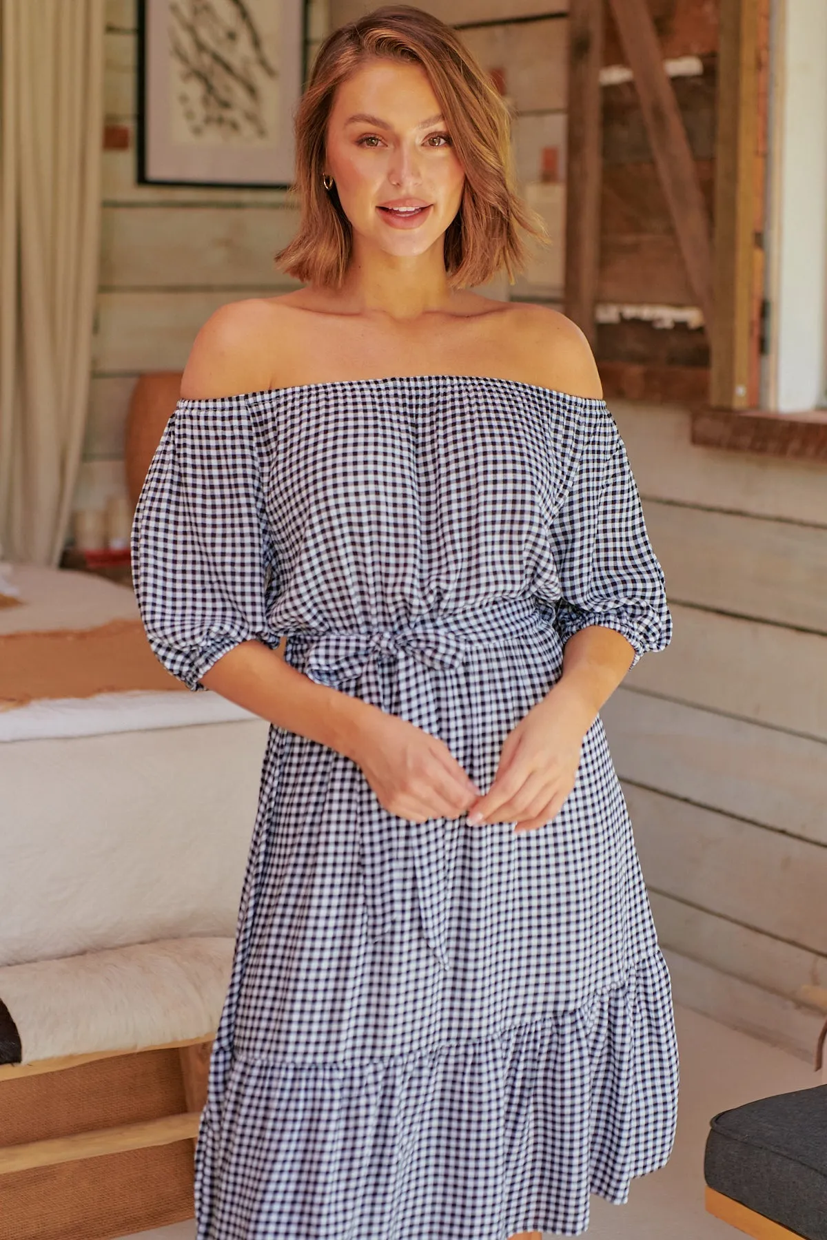 Bastille Black/White Gingham Off Shoulder Dress