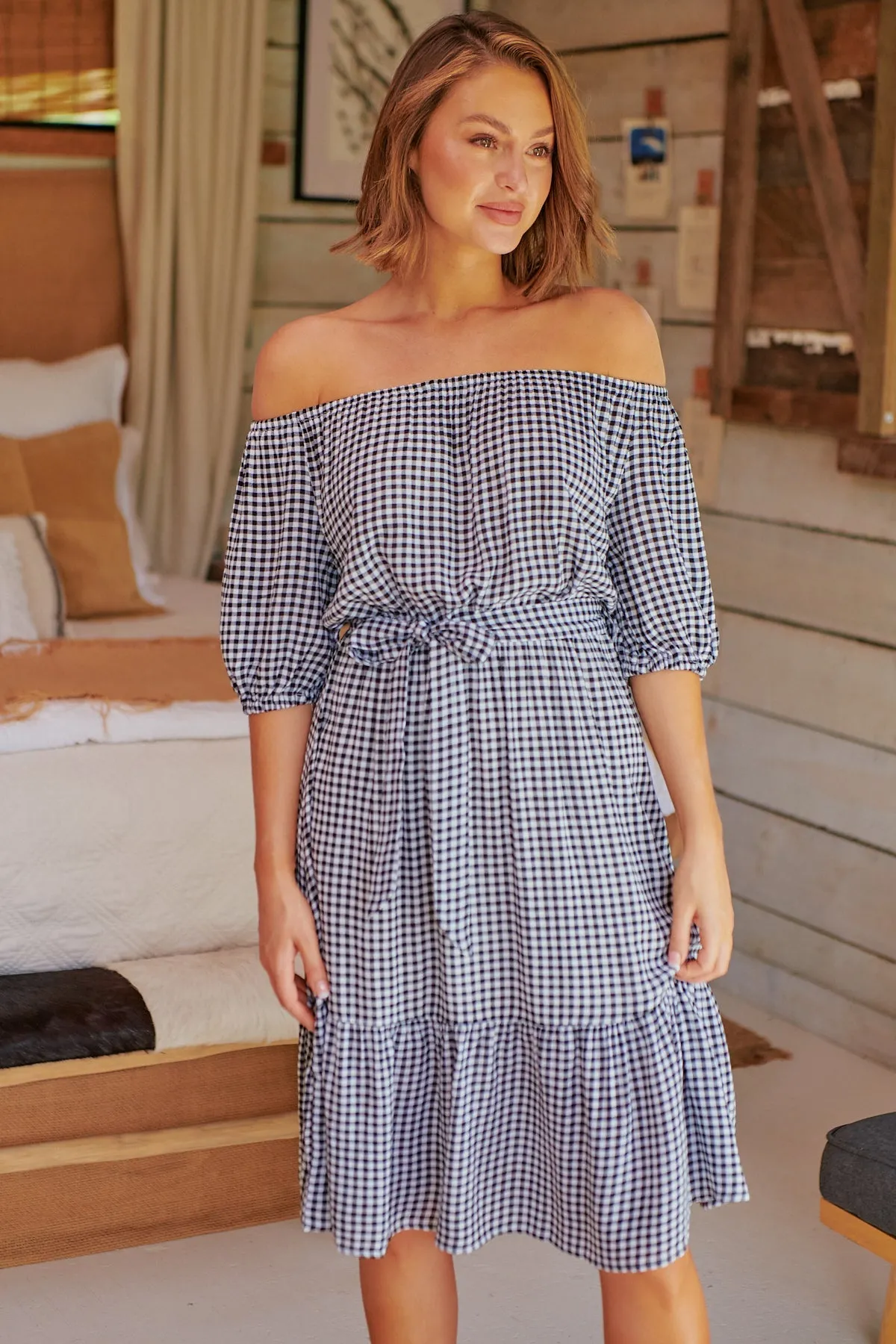 Bastille Black/White Gingham Off Shoulder Dress