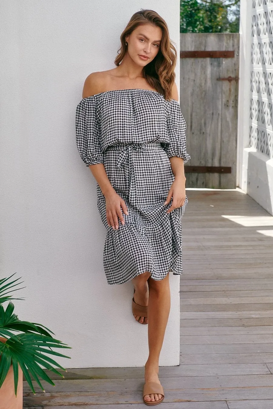 Bastille Black/White Gingham Off Shoulder Dress