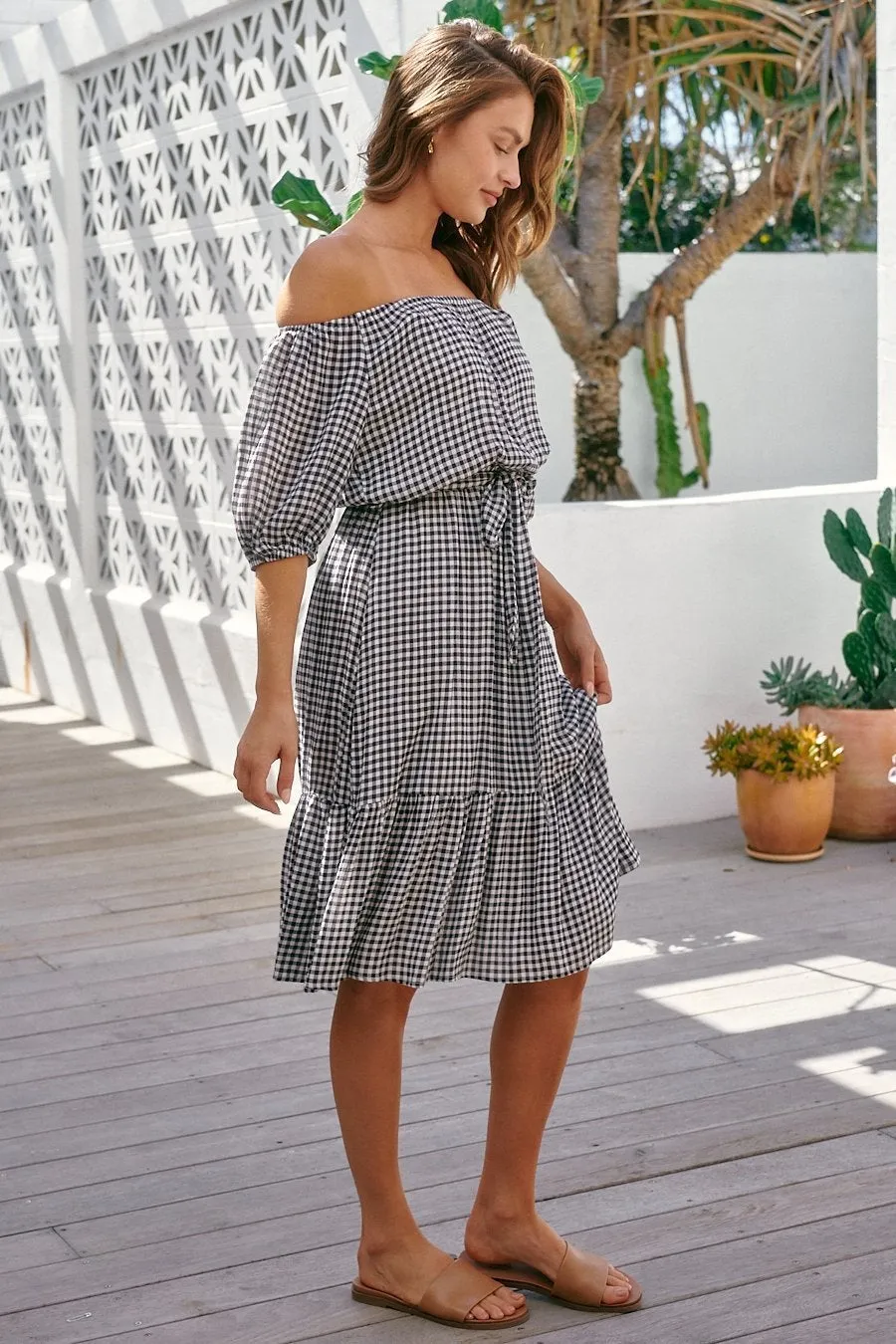 Bastille Black/White Gingham Off Shoulder Dress