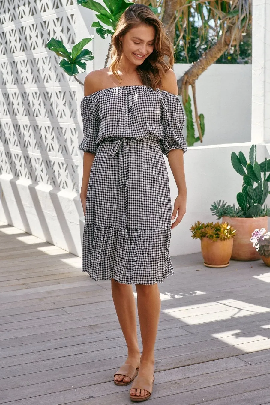 Bastille Black/White Gingham Off Shoulder Dress