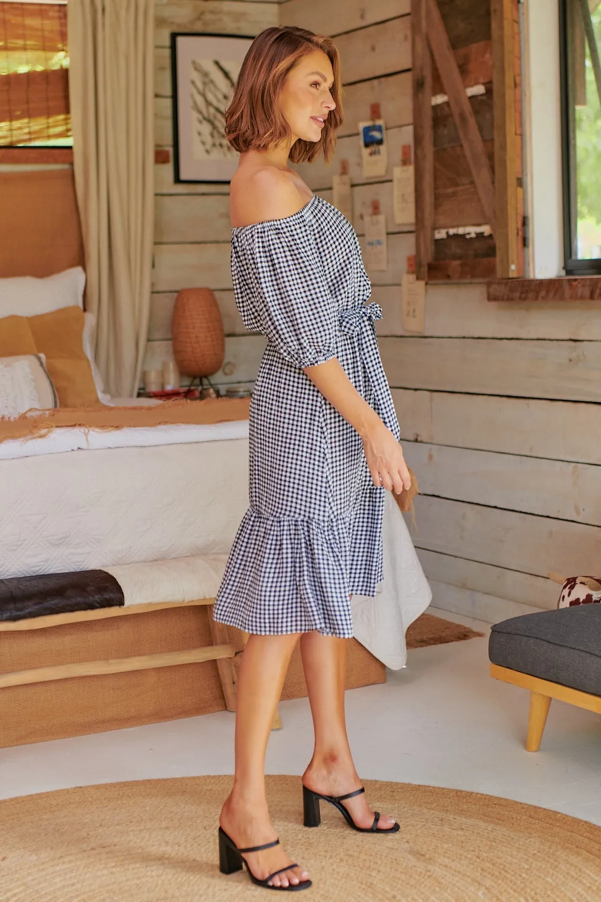 Bastille Black/White Gingham Off Shoulder Dress