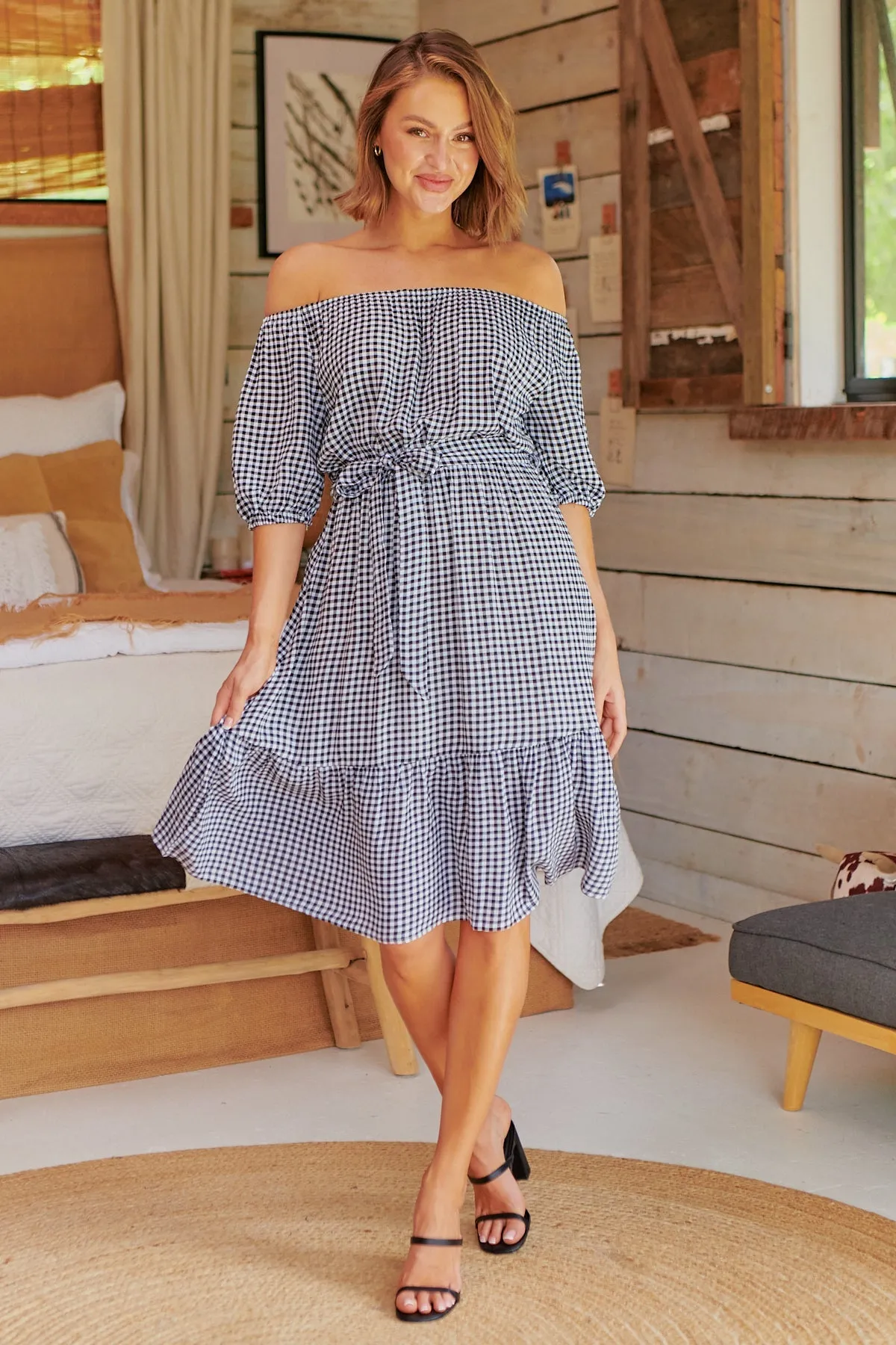 Bastille Black/White Gingham Off Shoulder Dress