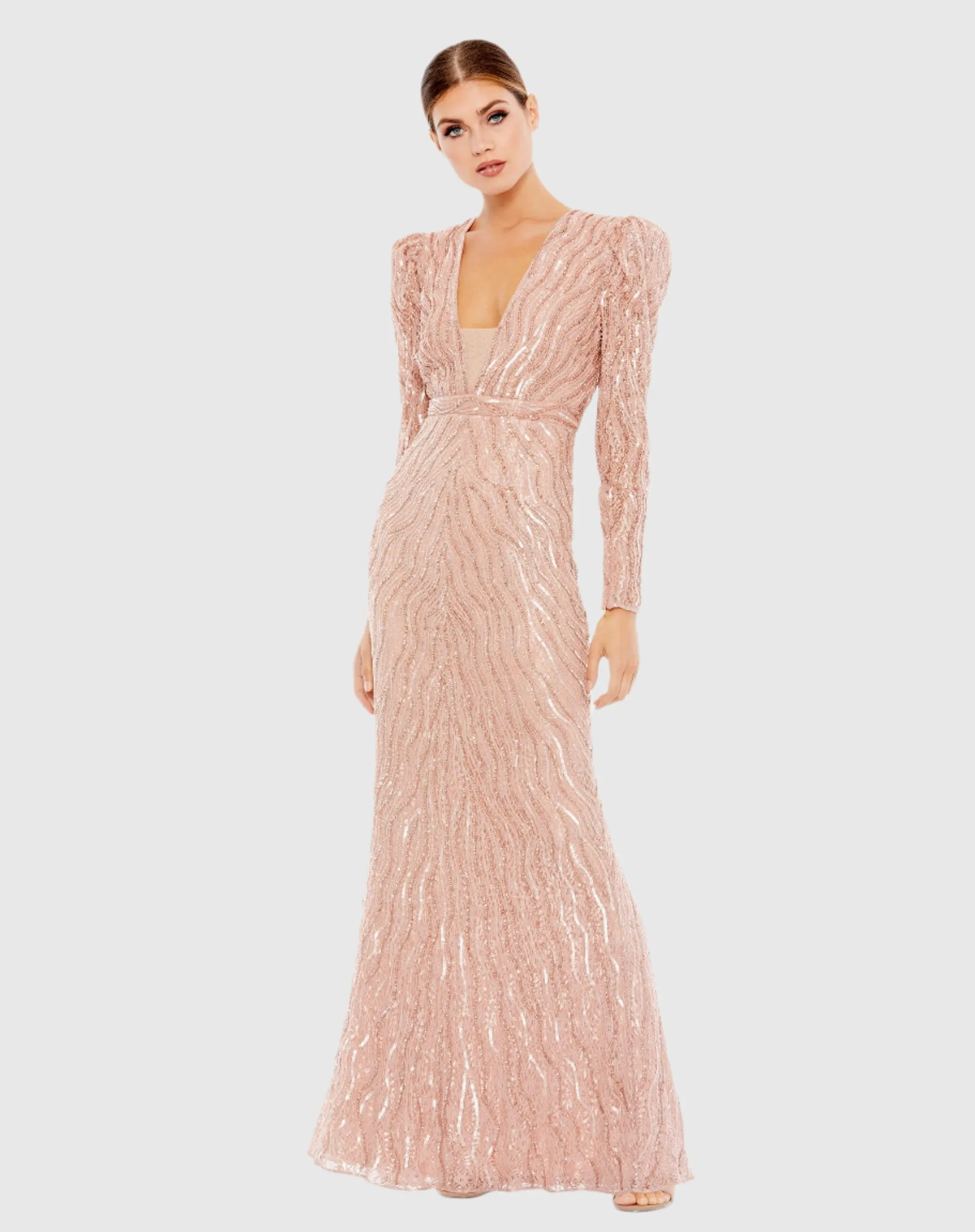 Beaded Puff Sleeve Trumpet Evening Gown