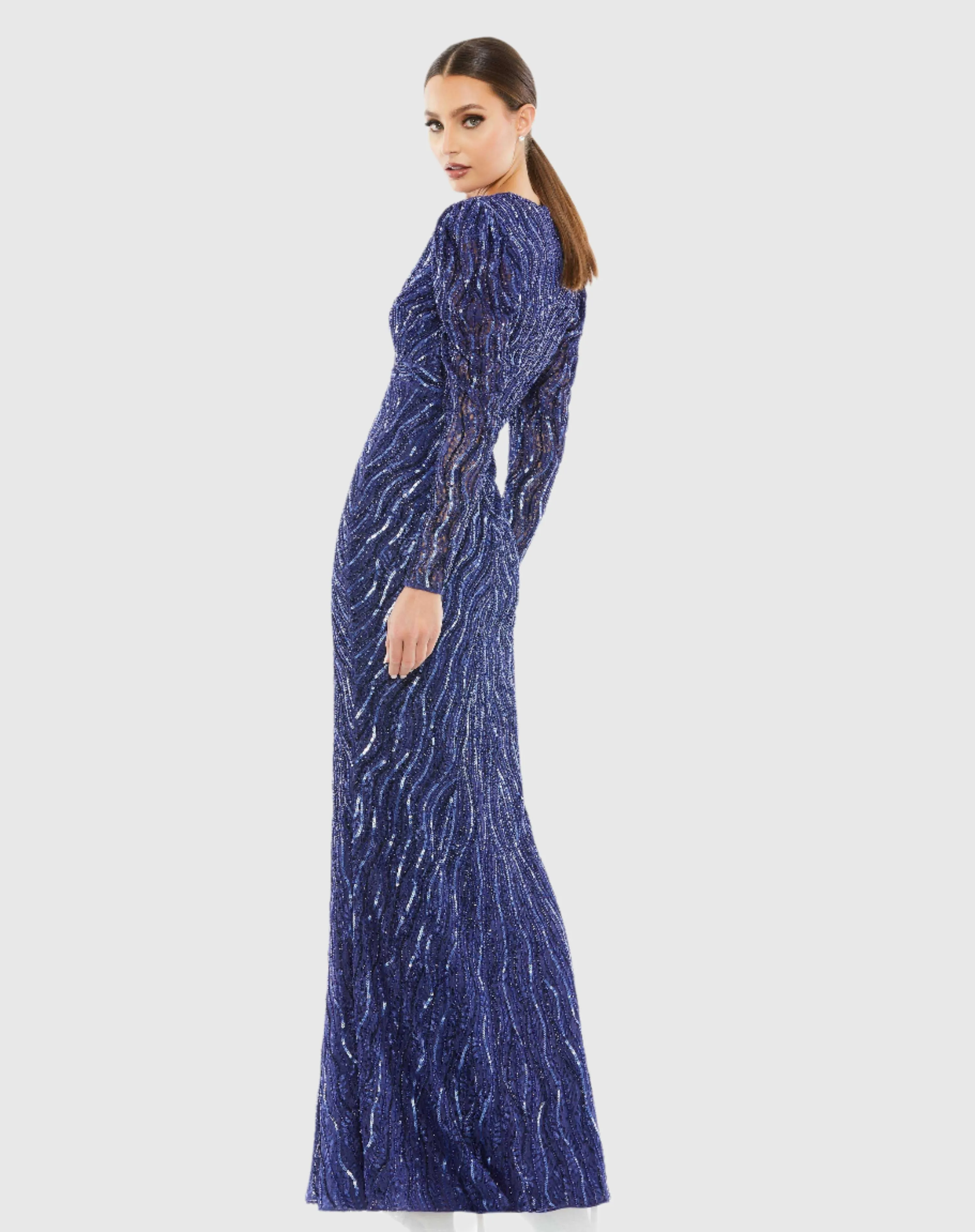 Beaded Puff Sleeve Trumpet Evening Gown