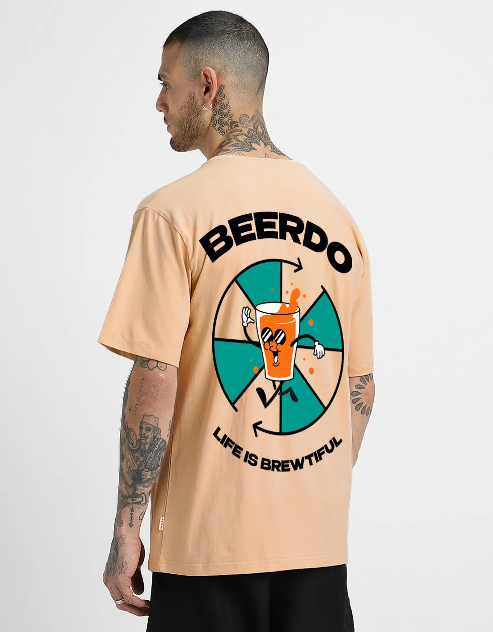 BEERDO  Beige Oversized Back Puff Printed Tshirt