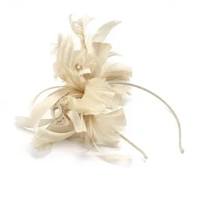 Beige Headband Pillbox Fascinator Hat with Cupid Feathers