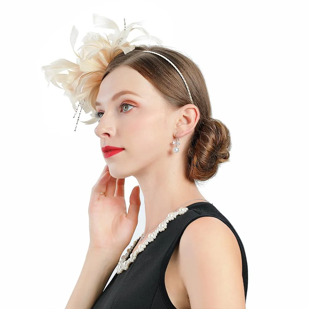 Beige Headband Pillbox Fascinator Hat with Cupid Feathers