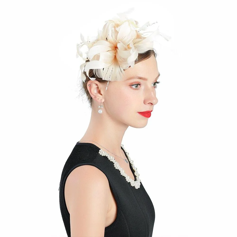 Beige Headband Pillbox Fascinator Hat with Cupid Feathers