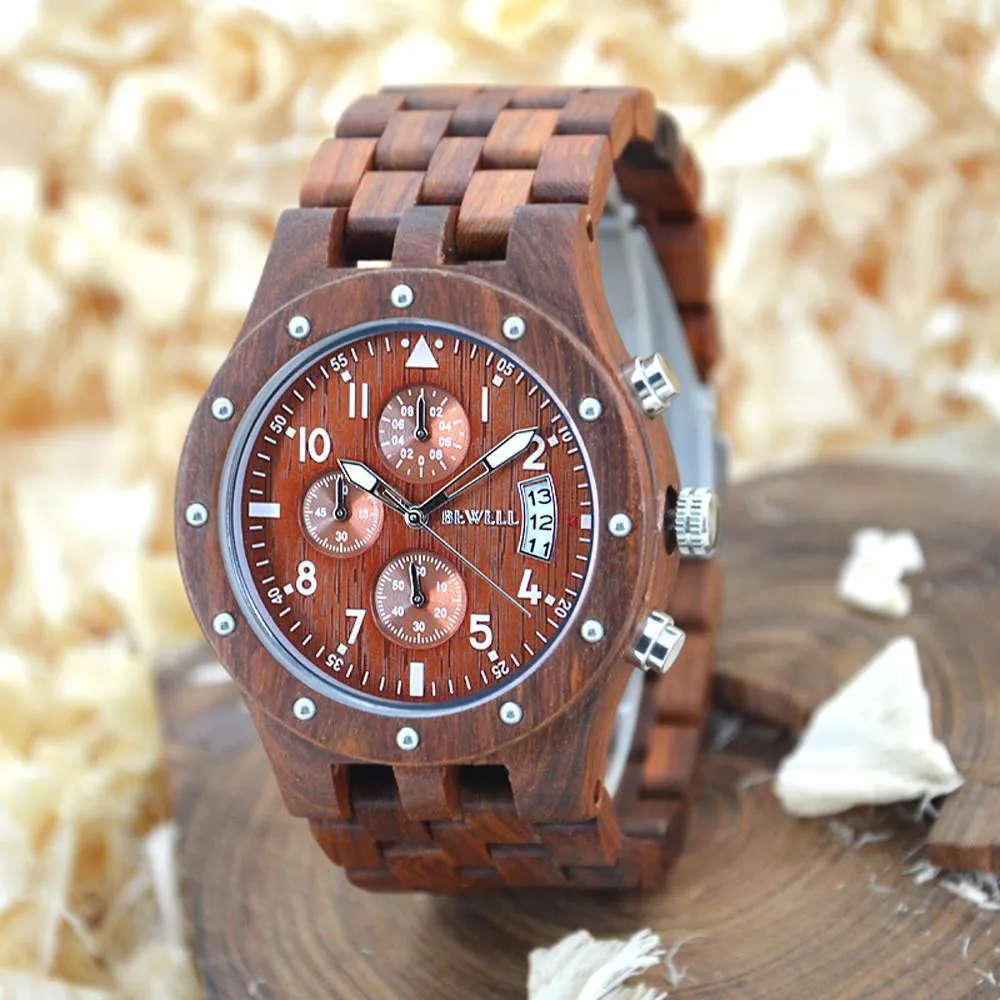 BEWELL Luxury Bamboo Men's Watch with Wooden Band