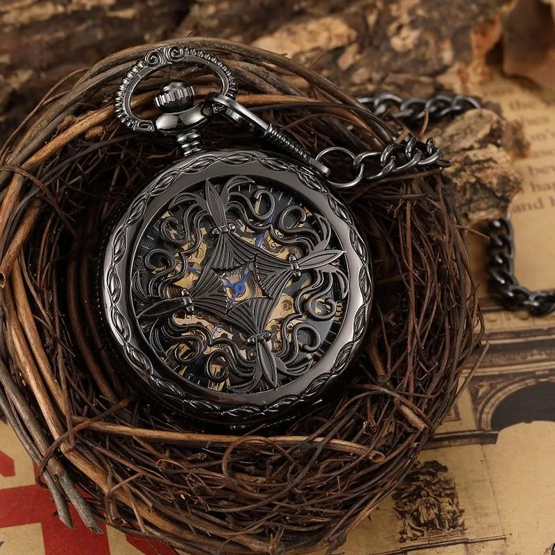 Black and Gold Pocket Watch with Hollow Carved Design