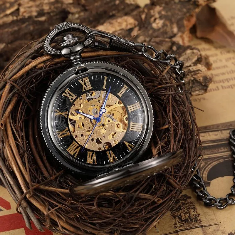 Black and Gold Pocket Watch with Hollow Carved Design