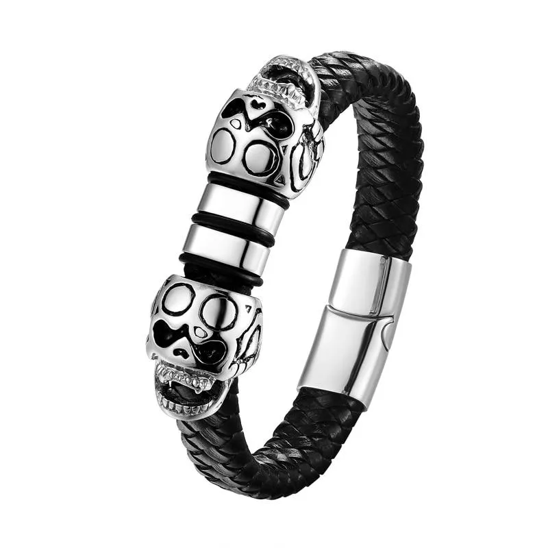 Black Braided Genuine Leather Devil's Skulls Bracelet