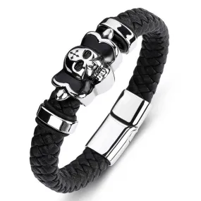 Black Braided Leather Stainless Steel Gothic Skull Bracelet