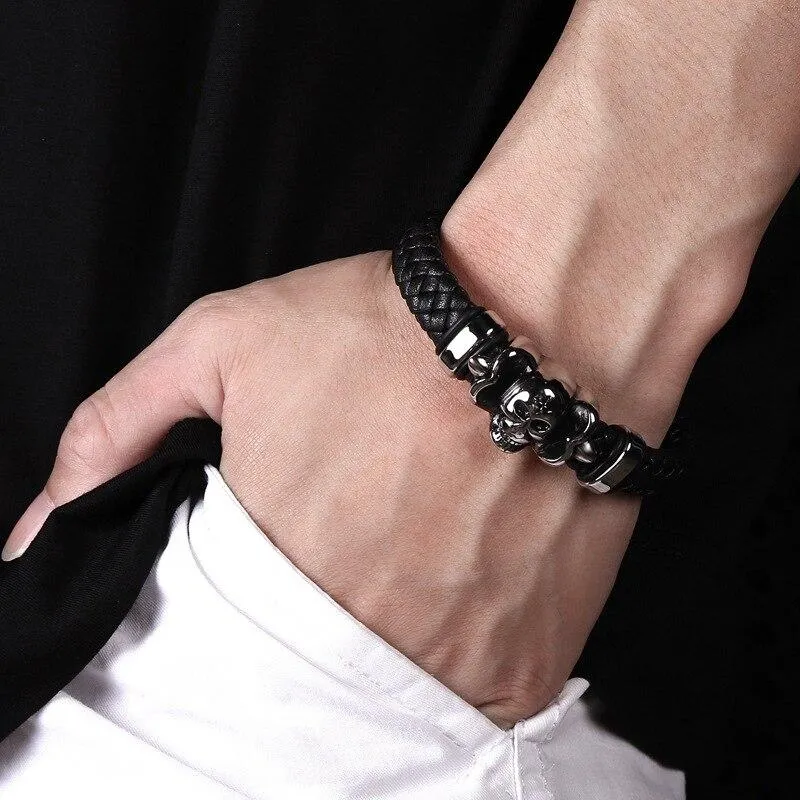 Black Braided Leather Stainless Steel Gothic Skull Bracelet