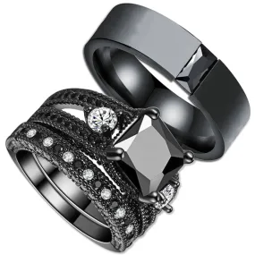 Black Cubic Zirconia Tungsten Carbide and Rhinestone 316L Stainless Steel Wedding Ring Set