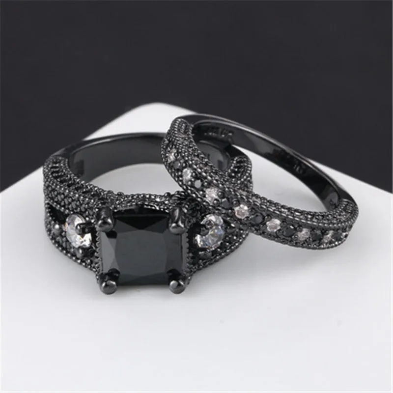 Black Cubic Zirconia Tungsten Carbide and Rhinestone 316L Stainless Steel Wedding Ring Set