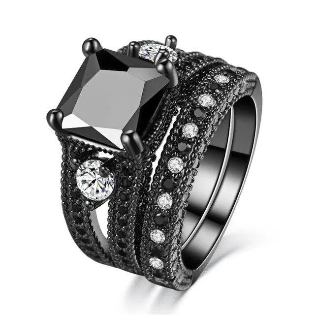 Black Cubic Zirconia Tungsten Carbide and Rhinestone 316L Stainless Steel Wedding Ring Set