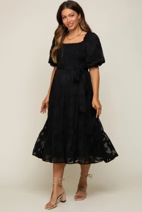 Black Floral Textured Tiered Maternity Midi Dress