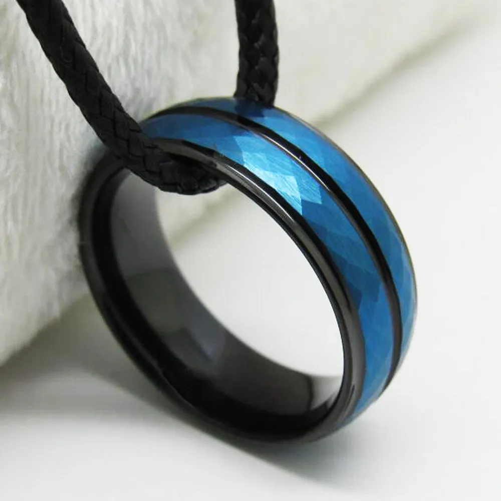 Black Grooves and Blue Multi-Faceted Tungsten Carbide Wedding Band