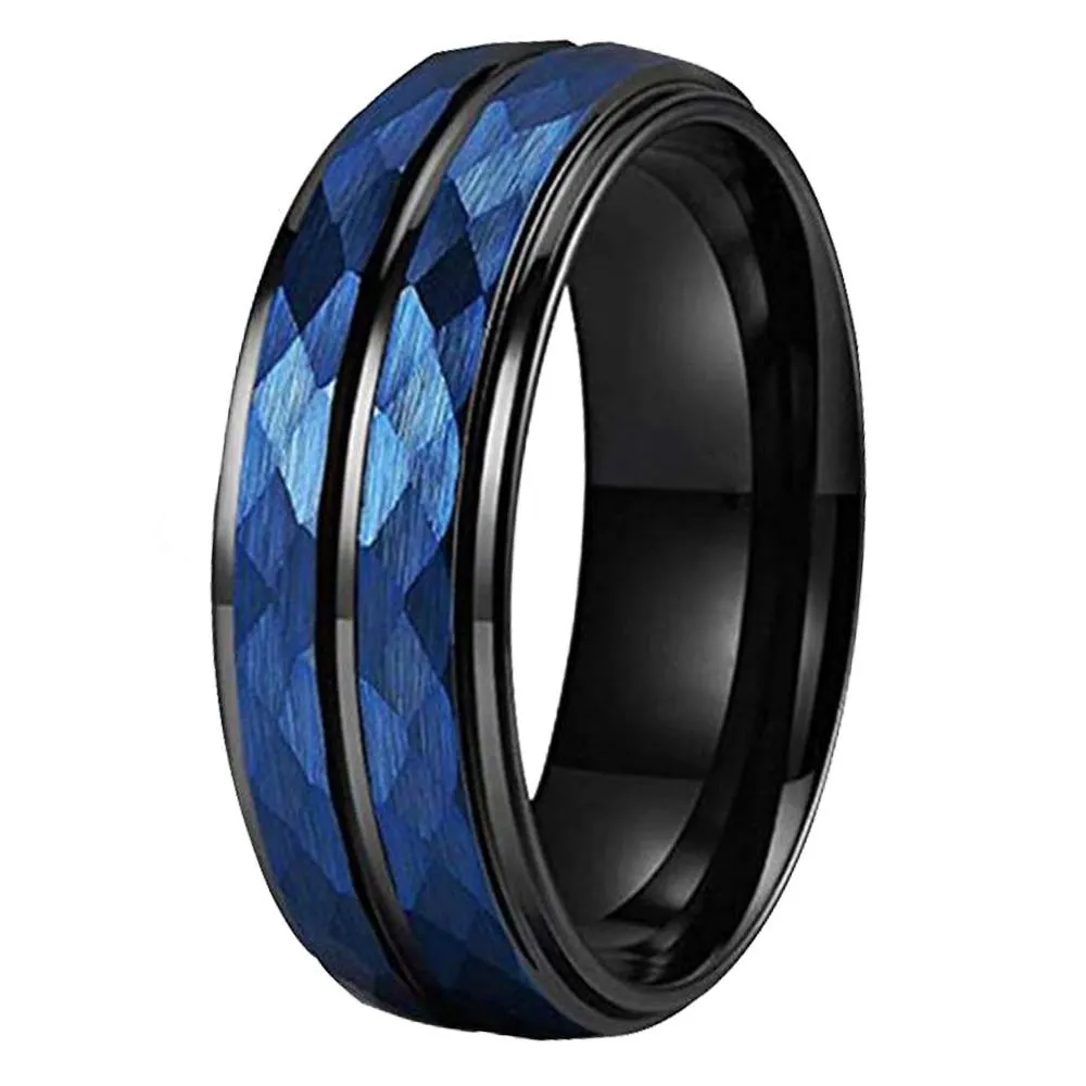 Black Grooves and Blue Multi-Faceted Tungsten Carbide Wedding Band