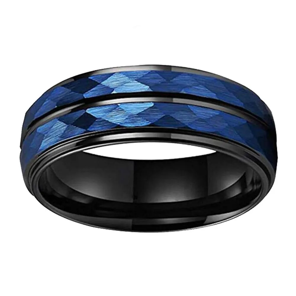 Black Grooves and Blue Multi-Faceted Tungsten Carbide Wedding Band