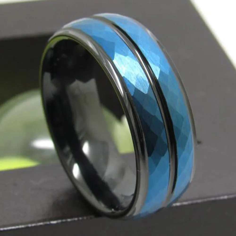 Black Grooves and Blue Multi-Faceted Tungsten Carbide Wedding Band