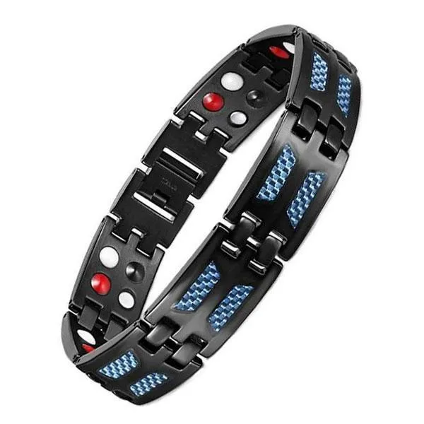 Blue Carbon Fiber Black Unisex Magnetic Luxury Bracelet with Adjusting Tool