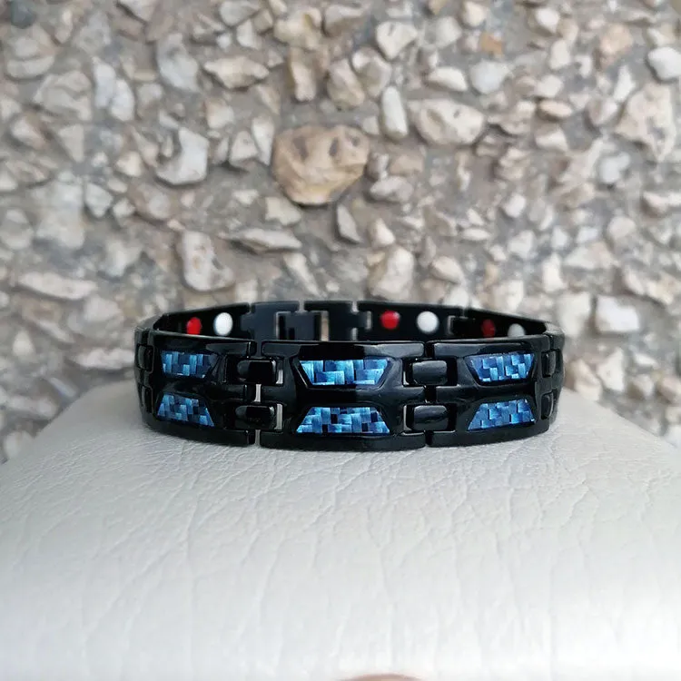 Blue Carbon Fiber Black Unisex Magnetic Luxury Bracelet with Adjusting Tool