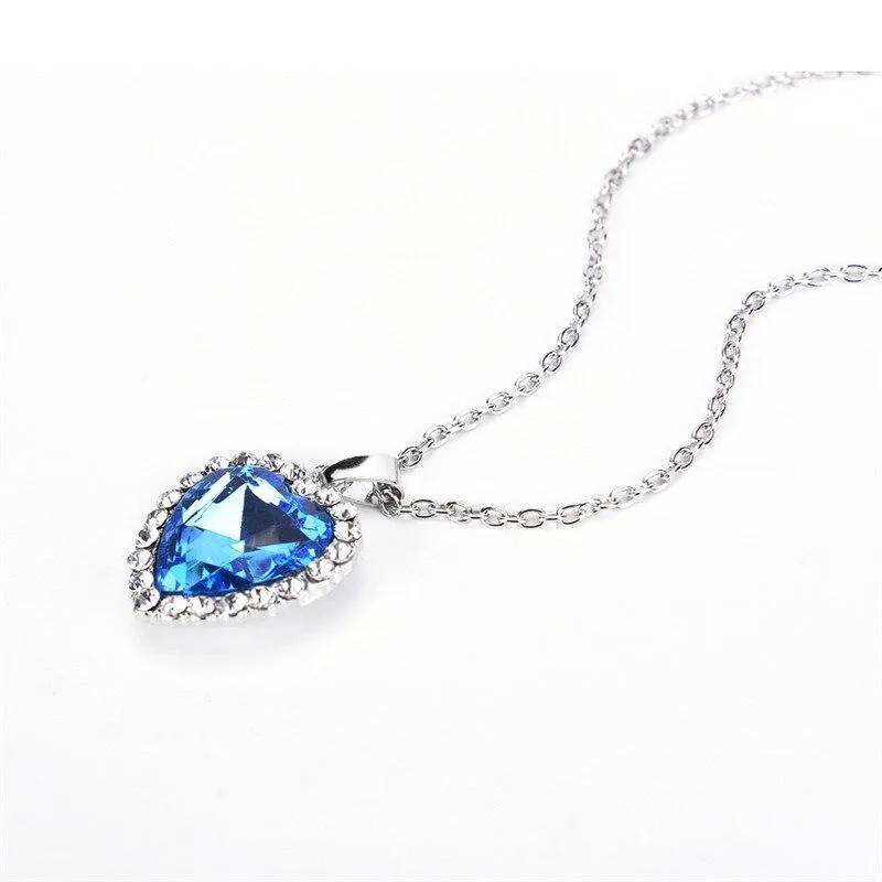 Blue Crystal Heart of Ocean Pendant Necklace with Rhinestone Border