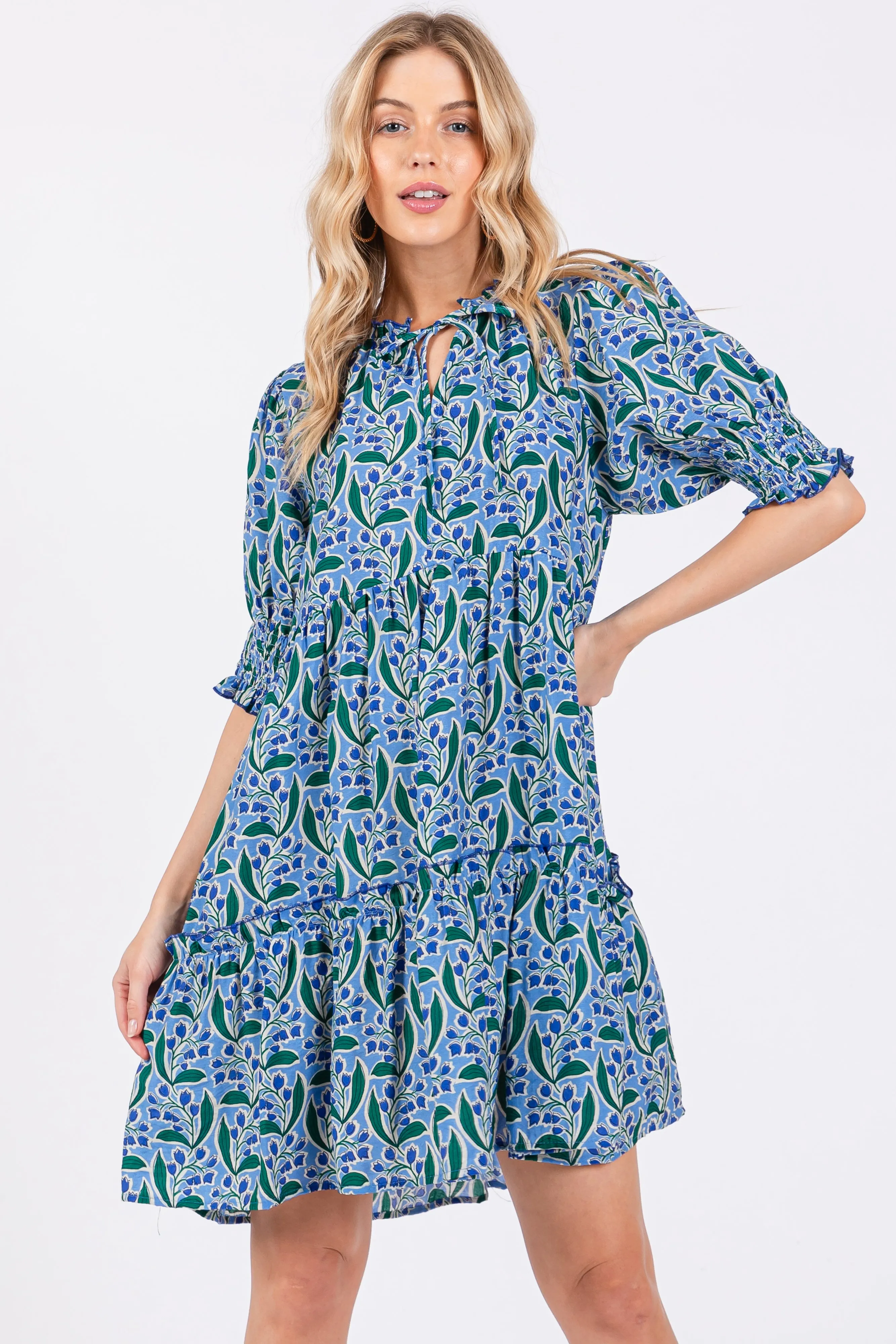 Blue Floral Front Tie Puff Sleeve Dress