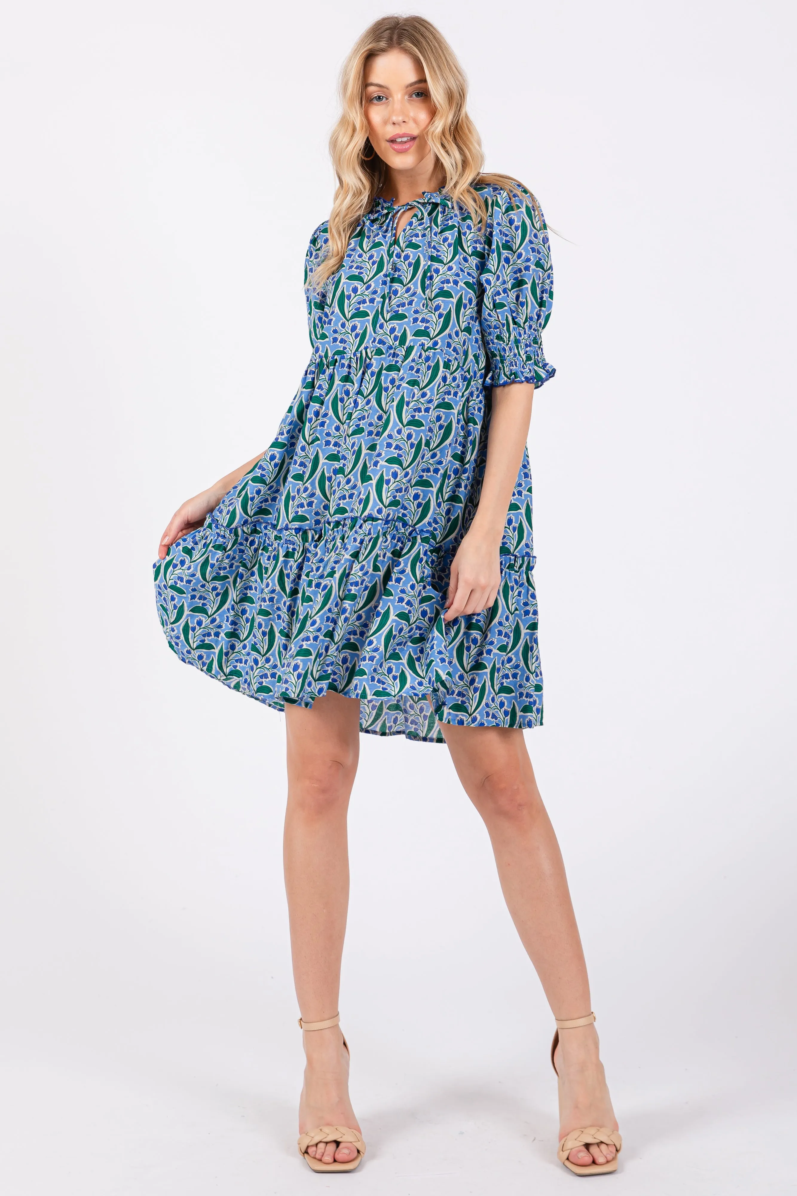 Blue Floral Front Tie Puff Sleeve Dress