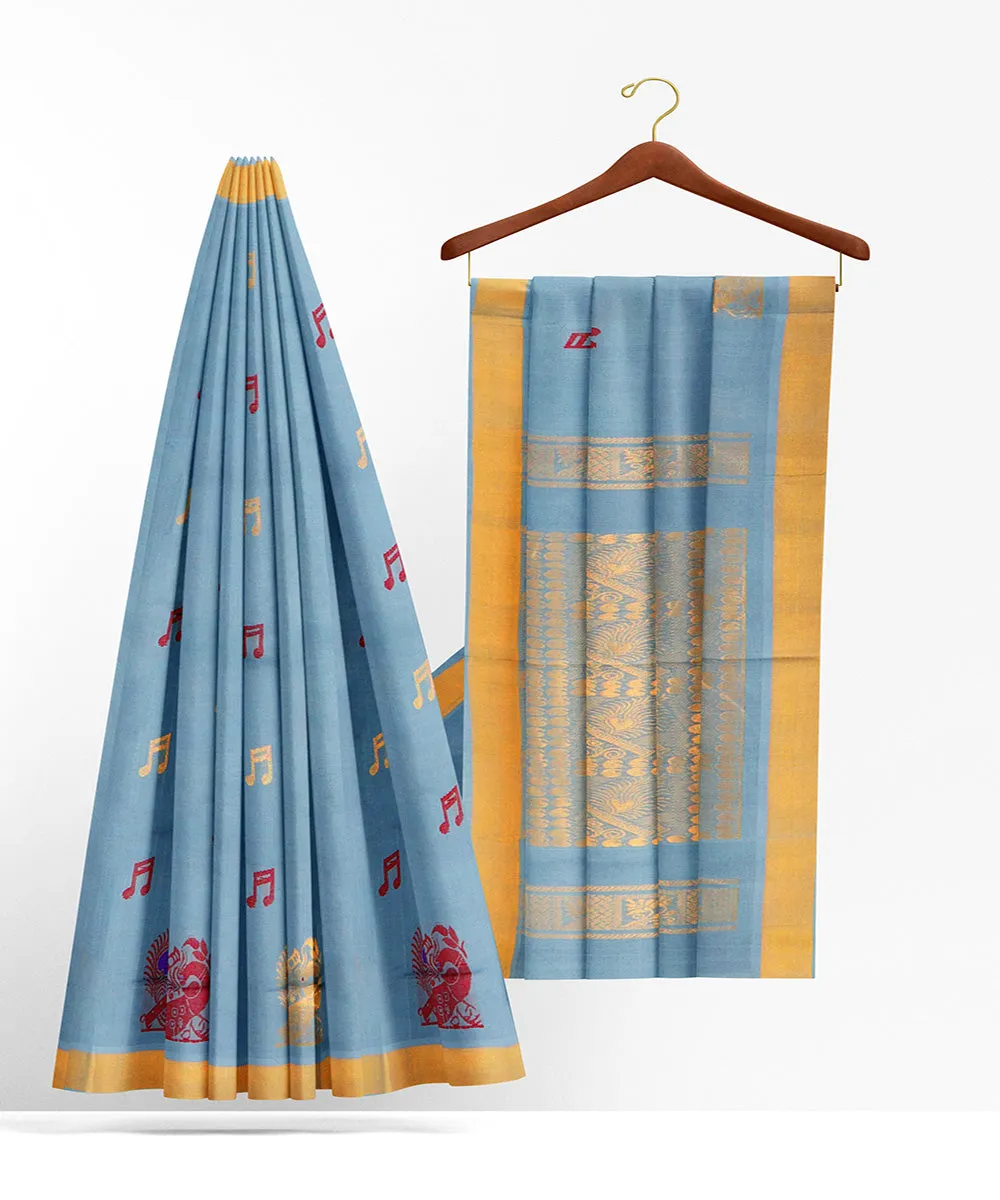 Blue mustard plain butta handwoven rajahmundry cotton saree