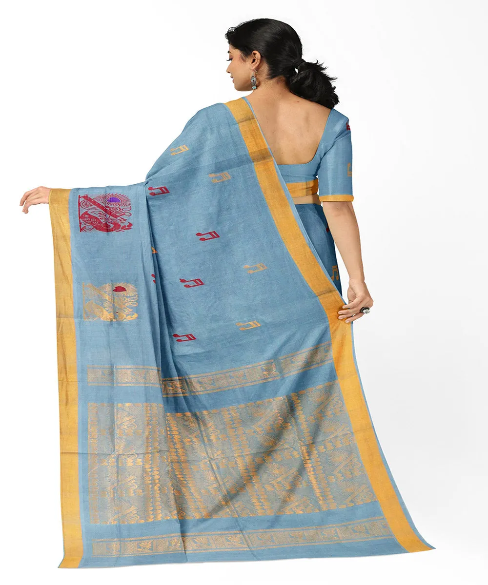 Blue mustard plain butta handwoven rajahmundry cotton saree