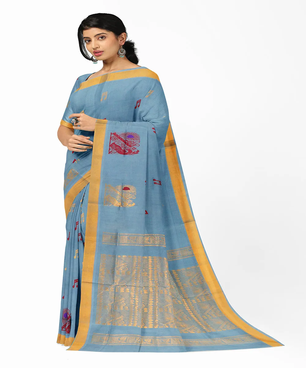 Blue mustard plain butta handwoven rajahmundry cotton saree