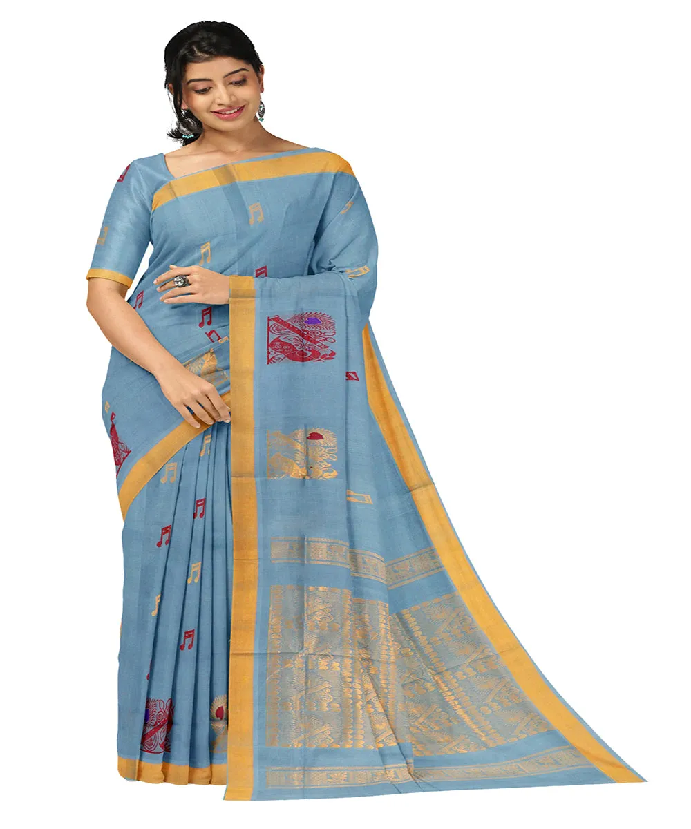 Blue mustard plain butta handwoven rajahmundry cotton saree