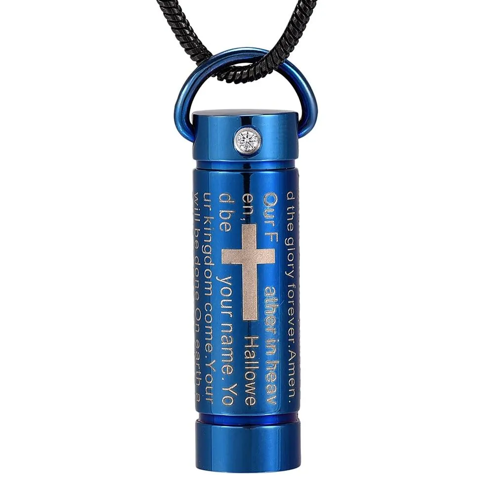 Blue Urn Pendant with Engraved Cross and Prayer Necklace