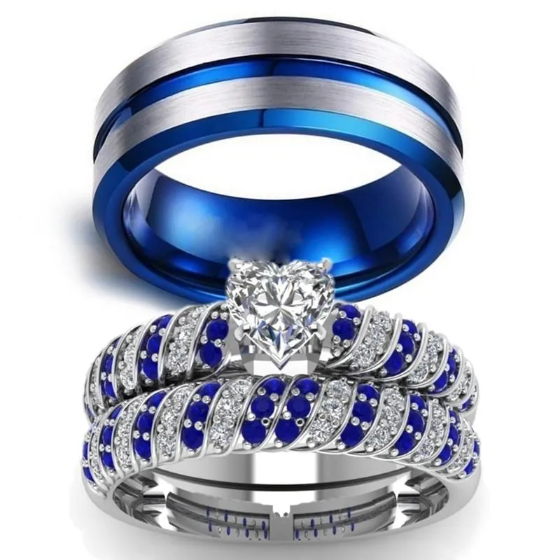 Blue/Silver and Blue/White Heart Cubic Zirconia Stainless Steel Wedding Bands Set