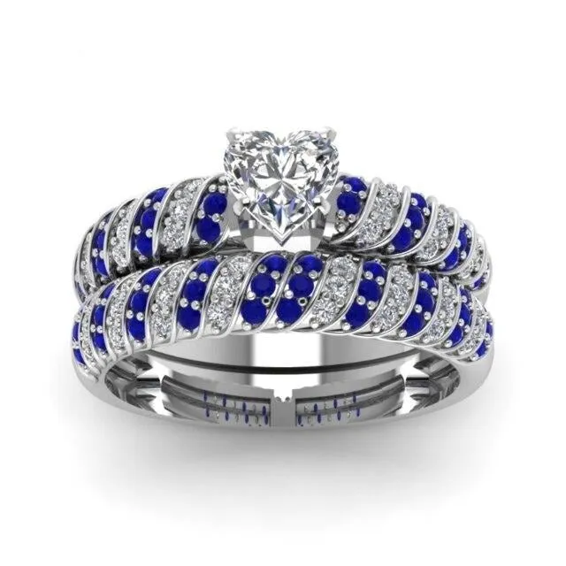 Blue/Silver and Blue/White Heart Cubic Zirconia Stainless Steel Wedding Bands Set