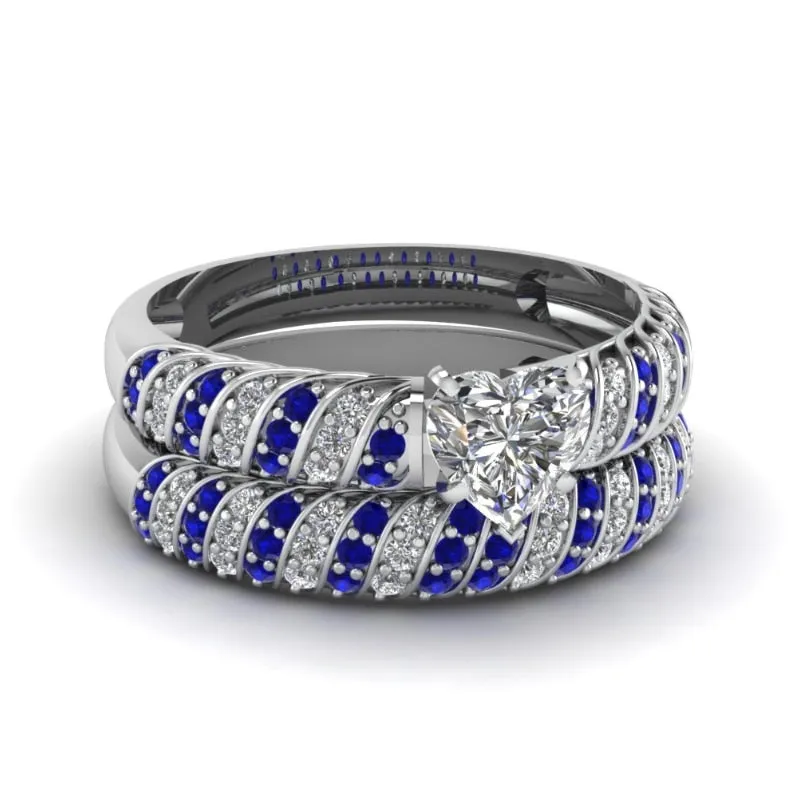 Blue/Silver and Blue/White Heart Cubic Zirconia Stainless Steel Wedding Bands Set