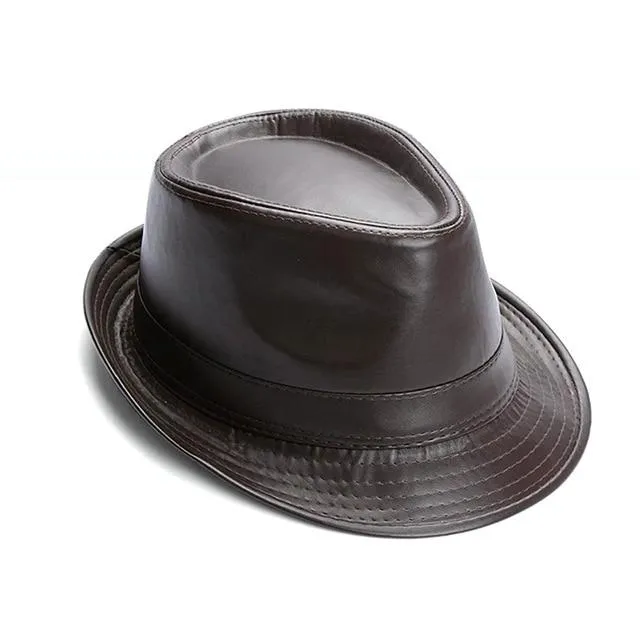 British Style Short Brim Faux Leather Trilby Hat